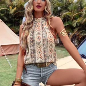 Bohemian Print Fitted Sleeveless Casual Vest Top