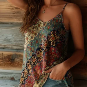 Oversized V-Neck Bohemian Print Sleeveless Plus Top