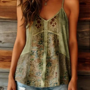 Olive Green Spliced V-Neck Loose Sling Vest