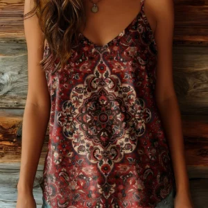 Deep Red Bohemian Print V-Neck Loose Tank Top