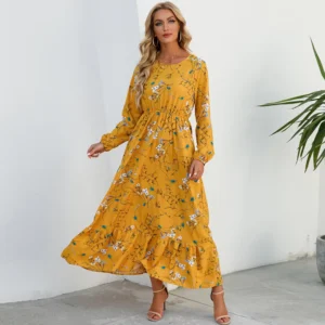 Boho Floral Chiffon Puff Sleeve Maxi Dress