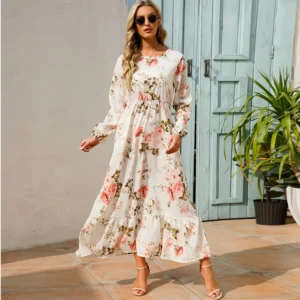 Boho Floral Chiffon Puff Sleeve Maxi Dress