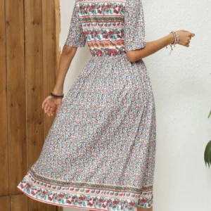 Bohemian Printed Mini Dress Puff Sleeve Round Neck Loose Pockets