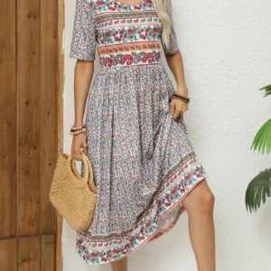Bohemian Printed Mini Dress Puff Sleeve Round Neck Loose Pockets