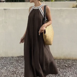 Bohemian Halter Maxi Dress Color-Blocked Sleeveless Loose Resort