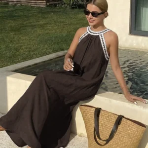 Bohemian Halter Maxi Dress Color-Blocked Sleeveless Loose Resort