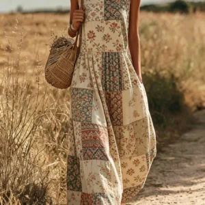 Bohemian Geometric Maxi Dress Sleeveless Crew Neck Loose Peplum