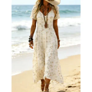 Vintage Checkered Maxi Dress V-Neck Short Sleeve Flowing Swing