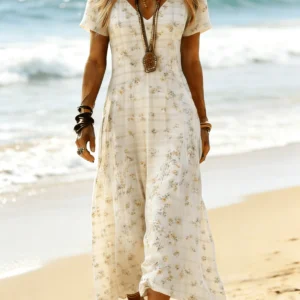 Vintage Checkered Maxi Dress V-Neck Short Sleeve Flowing Swing