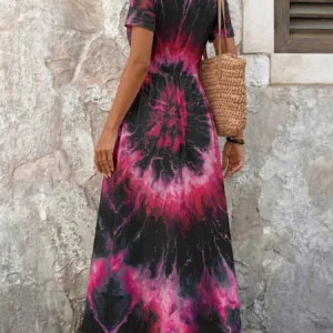 Boho Tie-Dye Maxi Dress Crew Neck Short Sleeve Flared Loose