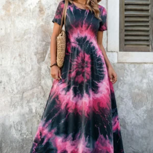 Boho Tie-Dye Maxi Dress Crew Neck Short Sleeve Flared Loose