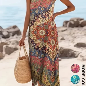 Bohemian Tribal Maxi Dress Sleeveless Crew Neck Loose Peplum