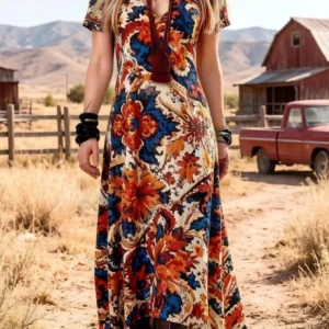 Bohemian Floral Midi Dress V-Neck Short Sleeve Loose Elegant