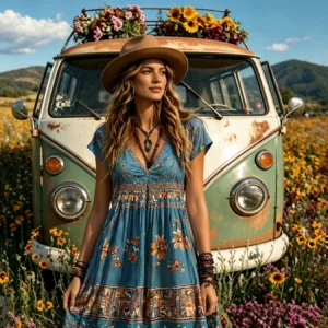 Bohemian Totem Midi Dress V-Neck Sleeveless Trapeze Casual