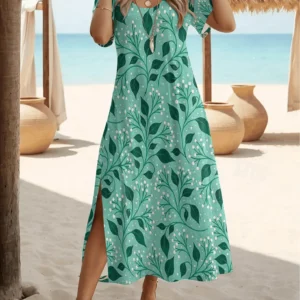 Bohemian Printed Maxi Dress Crew Neck Short Sleeve Loose Soft
