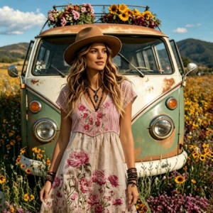 Bohemian Pink Peony Floral V-Neck Midi Dress