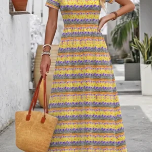 Coastal Bohemian A-Line Short Sleeve Maxi Dress