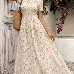 Boho Floral A-Line Short Sleeve Maxi Dress