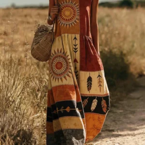 Bohemian Vintage Print Sleeveless Midi Dress