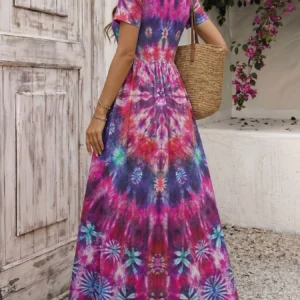 Bohemian Tie-Dye A-Line Short Sleeve Maxi Dres