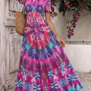 Bohemian Tie-Dye A-Line Short Sleeve Maxi Dres
