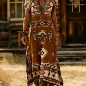 Bohemian Tribal V-Neck Swing Maxi Dress