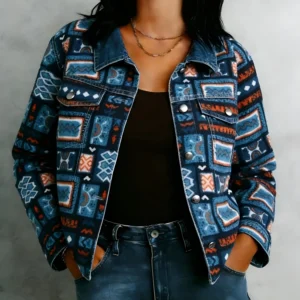 Cropped Bohemian Geometric Print Soft Cotton Jacket