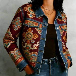 Cropped Geometric Ethnic Print Cotton Boho Jacket