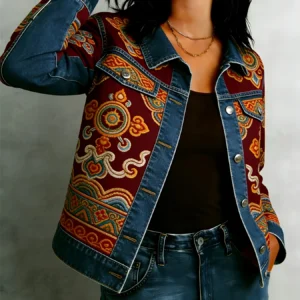Cropped Geometric Ethnic Print Cotton Boho Jacket