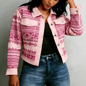 Cropped Geometric Cotton Jacket Bohemian Casual Lightweight Layering