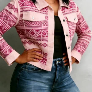 Cropped Geometric Cotton Jacket Bohemian Casual Lightweight Layering