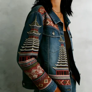 Cropped Geometric Print Lightweight Cotton Jacket
