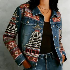 Cropped Geometric Print Lightweight Cotton Jacket