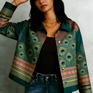 Cropped Geometric Print Denim Jacket