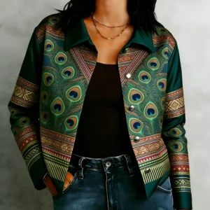 Cropped Geometric Print Denim Jacket