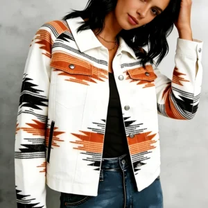 Cropped Lightweight Geometric Print Cotton Jacket