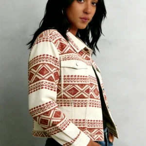Cropped Geometric Print Cotton Jacket Boho Lightweight
