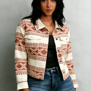 Cropped Geometric Print Cotton Jacket Boho Lightweight
