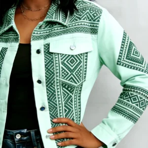 Cropped Geometric Print Denim Jacket Bohemian Casual