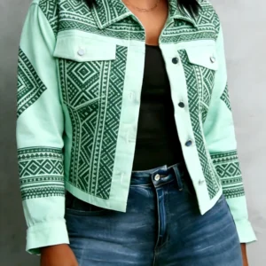 Cropped Geometric Print Denim Jacket Bohemian Casual