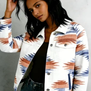 Cropped Geometric Print Cotton Boho Jacket Lightweight