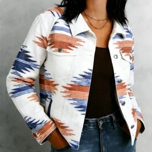 Cropped Geometric Print Cotton Boho Jacket Lightweight