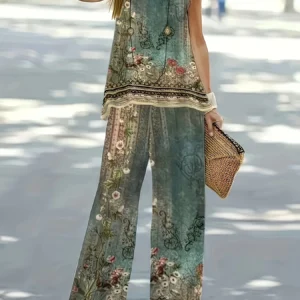 Floral Print Crew Neck Vest & Pants Set
