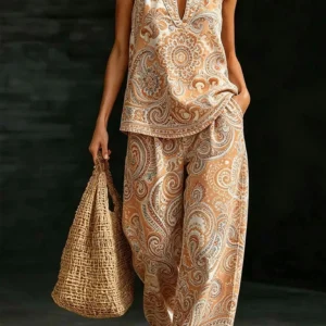 Vintage Mandala Halter Neck Wide-Leg Pants Set