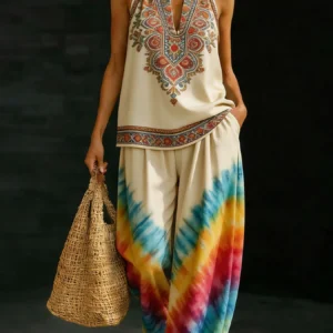 Gradient Tie-Dye V-Neck Wide-Leg Pants Set