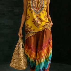 Gradient Print Plus-Size V-Neck Wide-Leg Set