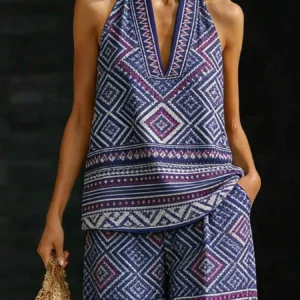 Plus-Size V-Neck Bohemian Wide-Leg Set