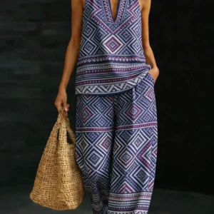 Plus-Size V-Neck Bohemian Wide-Leg Set