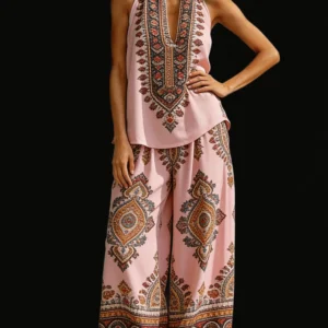Boho Geo Print Plus-Size V-Neck Set
