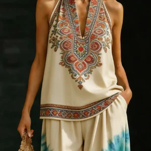 Gradient Tie-Dye Plus-Size V-Neck Wide-Leg Set